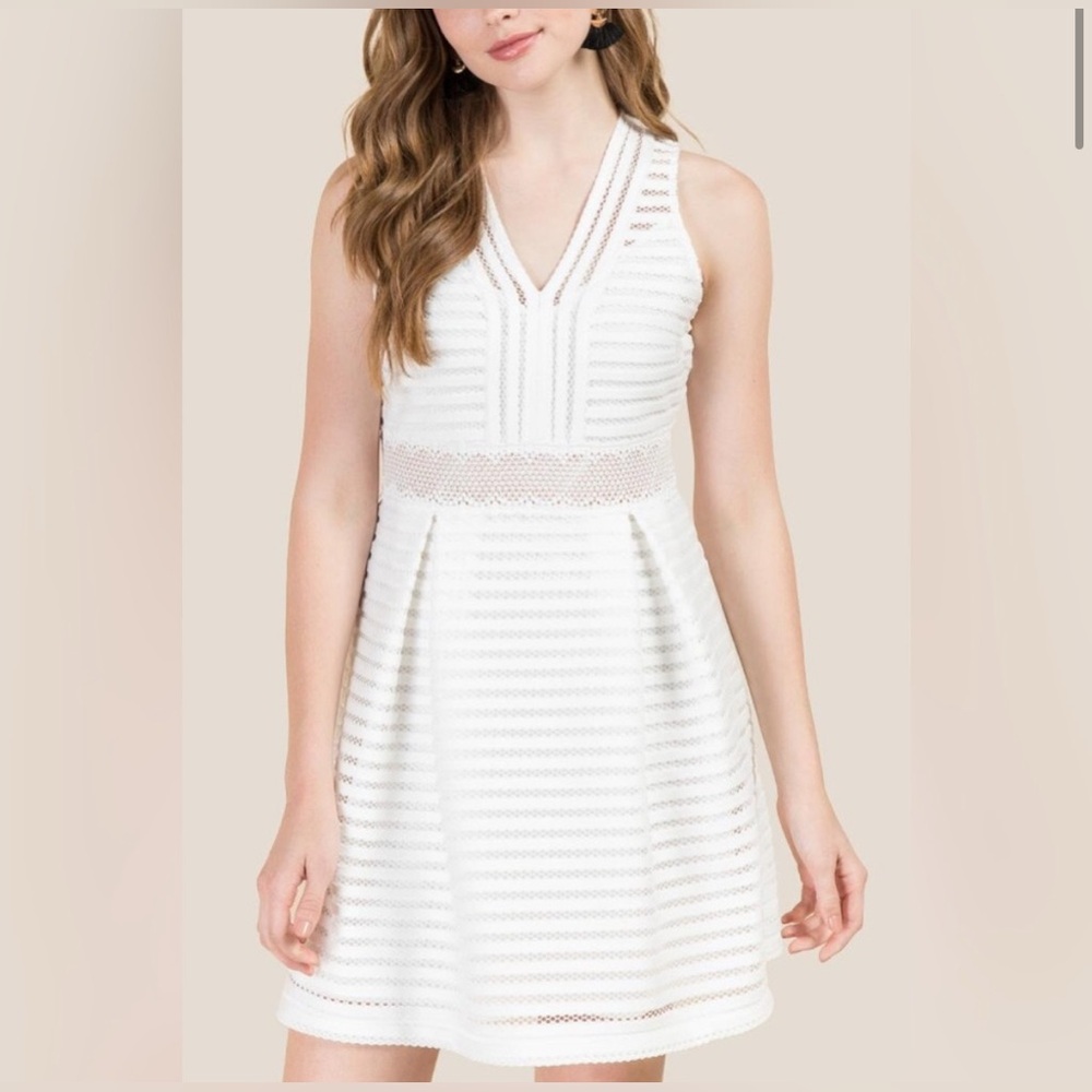 Francesca’s White Cami V-Neck Stripe Lace Illusion Waist Dress - Picture 2 of 11